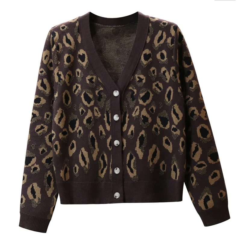 Autumn Winter Oversized Leopard Sweater Cardigan Women Casual V-neck Knitted Sweaters Women Single Breasted Jumper