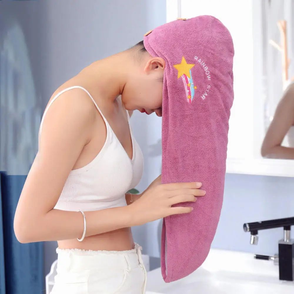 Microfiber Hair Drying Towel Super Absorbent Instant Hair Dry Wrap with Button Anti Frizz Soft Bath Shower Cap Head Towel