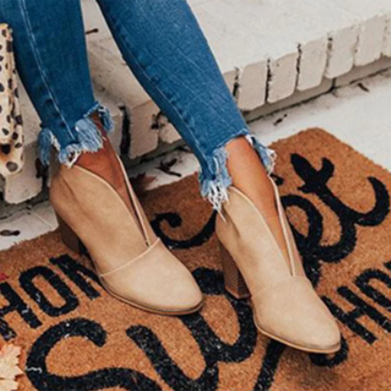 Winter Ankle Boots Women Boots V Cutout Short Boots Stacked Heel Booties 2023 Fahsion Chelsea Boots PU Botas Zapatos Mujer