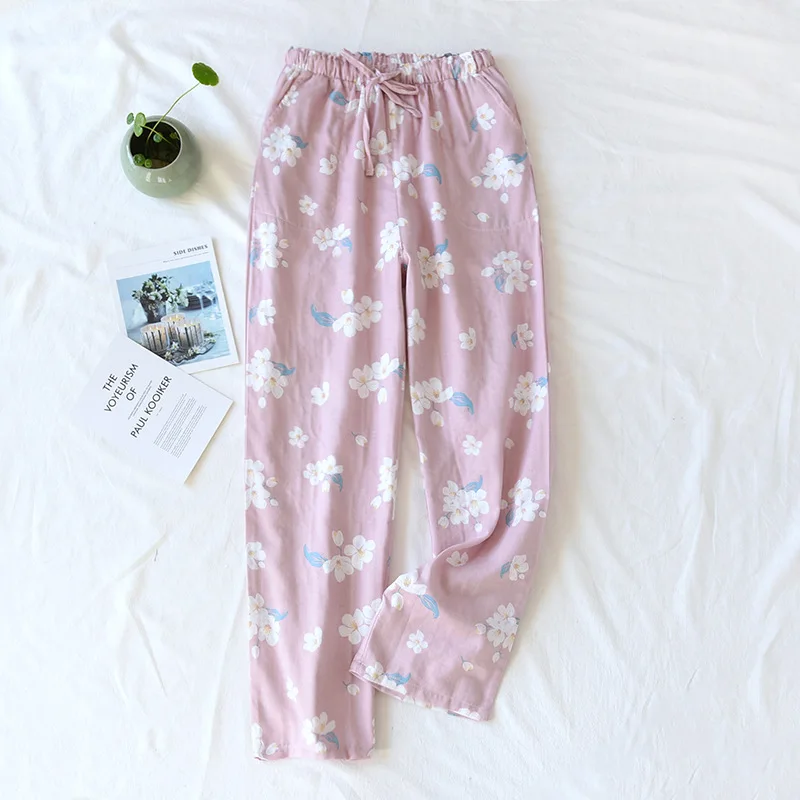 Women Summer Thin Sleep Bottoms 100% Cotton Floral Printing Loungewear Double Layer Gauze Home Pants Elastic Waist Sleep Wear