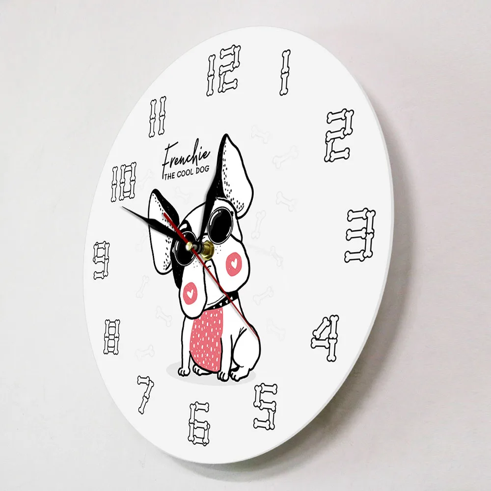 The Cool Dog Frenchie Modern Wall Clock French Bulldog Cartoon Silent Non-ticking Clock Hanging Wall Watch Dog Owners Home Decor