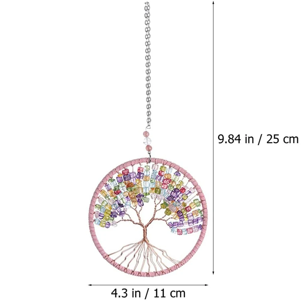 11 cm Traumfänger „Baum des Lebens“, handgefertigtes Dekorationsstück in den Farben Lila, Pink und Blau, zum Aufhängen, geeignet als Fenster-, Auto- oder Wanddekoration für Zuhause und Büro. – Detail 6