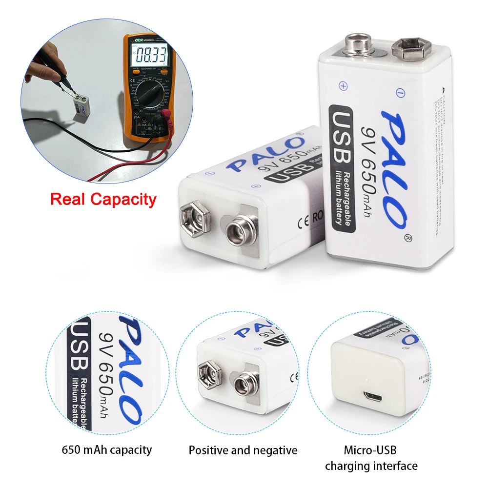 PALO-16-50 개 9V 충전식 배터리 650mAh 6F22 9v 리튬 이온 배터리, 마이크 스캐너 용 Usb 포트 포함 AVO 미터 멀티 미터 9V