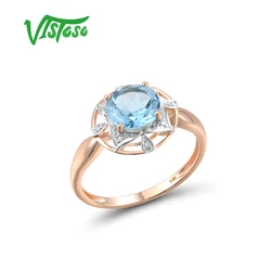 VISTOSO Genuine 14K 585 Rose Gold Rings For Women Sparkling Round Blue Topaz Diamond Rings Simple Style Wedding Fine Jewelry