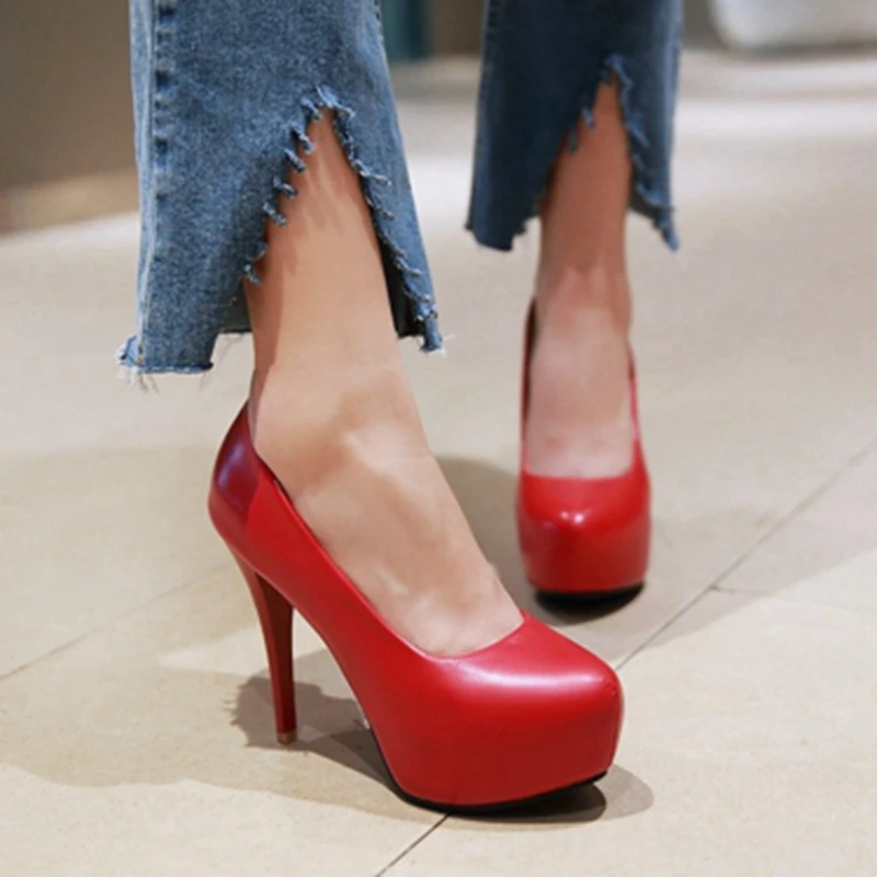 QPLYXCO Big Size 33-45 Patent Leather Women Sexy Fashion Shoes Super High Heels(12cm) Platform Pumps Wedding Pink Heels 16-1