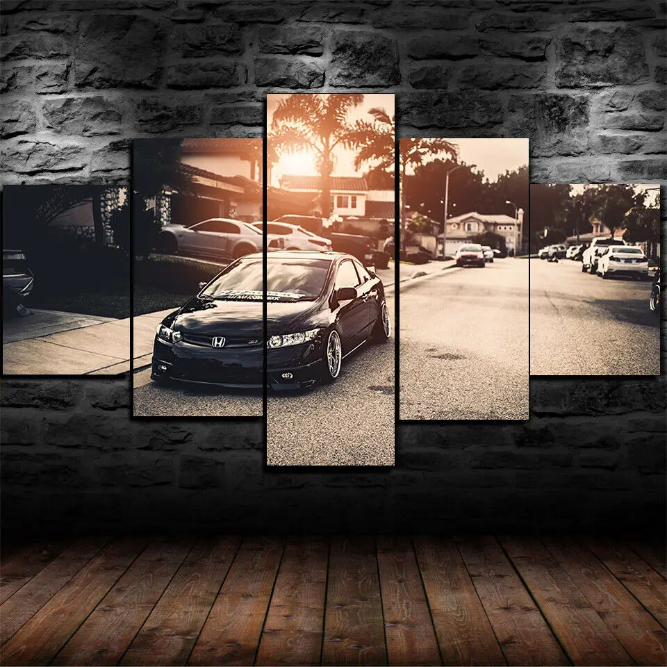 

No Framed Canvas 5Pcs Honda Civic Sunset Sports Car Wall Art Posters Pictures Home Decor Paintings Decorations