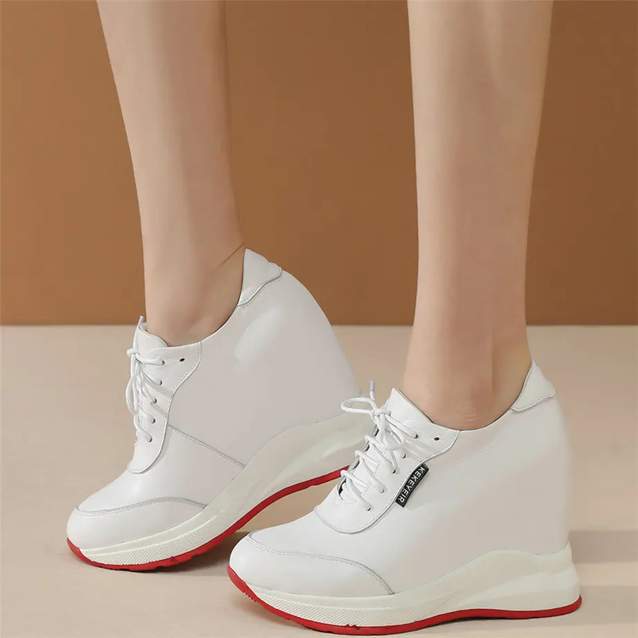 Fashion Sneakers Women Lace Up Genuine Leather Wedges High Heel Ankle Boots Female Round Toe Platform Pumps Shoes Casual Shoes