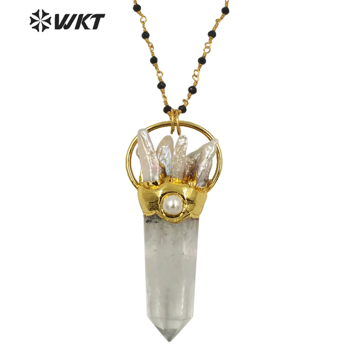 WT-N1265 Fashion High Quality Natural Clear Stone Necklace With Gold Plated Trendy Crystal Quartz With Pearl Top  Rosary Chain