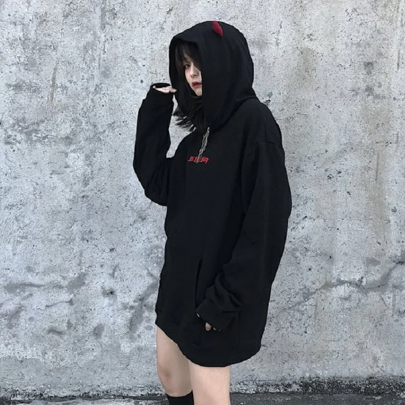 Harajuku Hoodies Girl Little Devil Horns Gothic Hooded Sweatshirts Women Demon Fly Wings Loose Pullovers Pocket Tops Streetwear