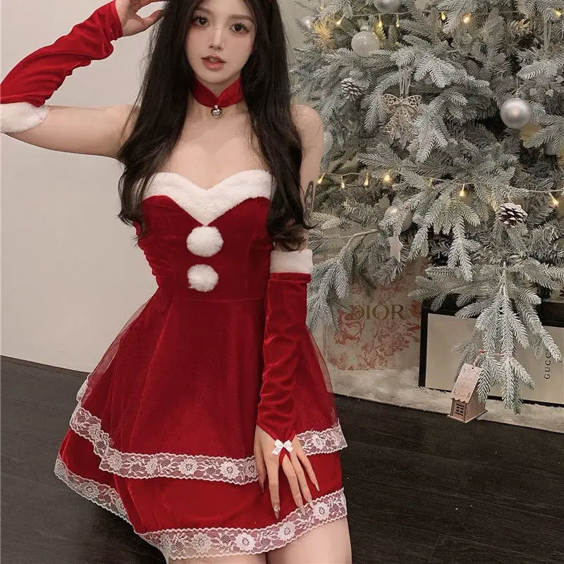 

2021 New Year Christmas red tube top dress female autumn and winter long sleeve skirt design sense plush lace a short