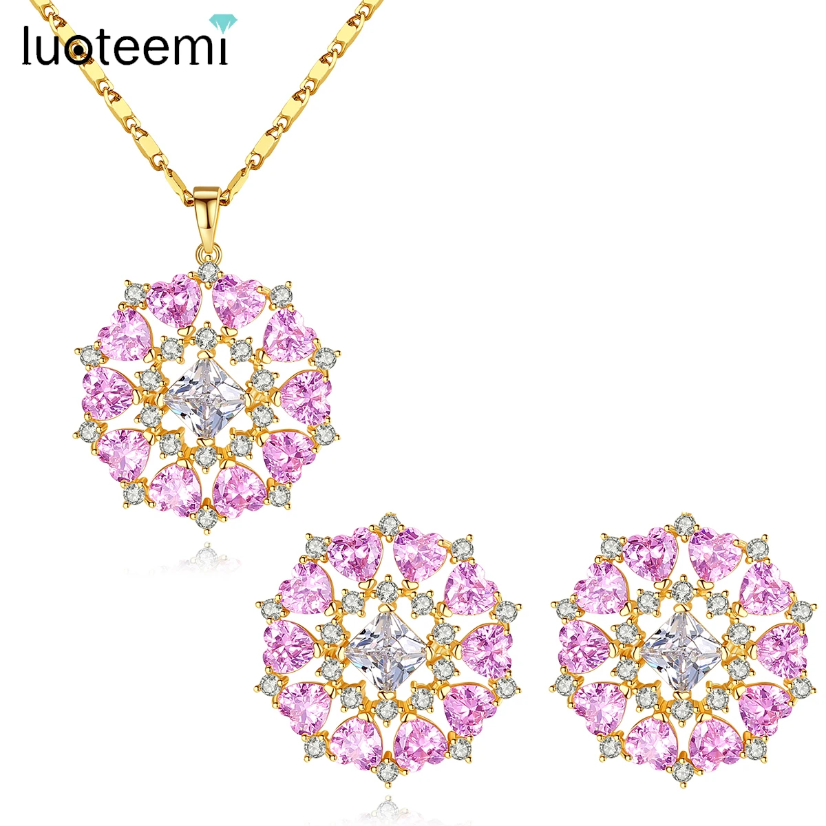 LUOTEEMI Trendy Big Pink Flower Necklace Earring Sets for Women Christmas Girl Party bijoux femme Pink Sets for Wedding Bridal