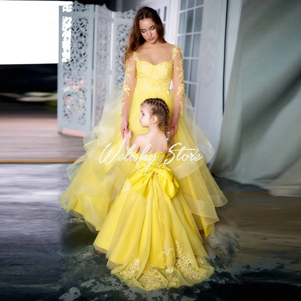 

High End Yellow A-line Lace Tulle Dress For Women & Girls Puffy Ruffled Birthday Party Tulle Kids Dresses Mother & Daughter