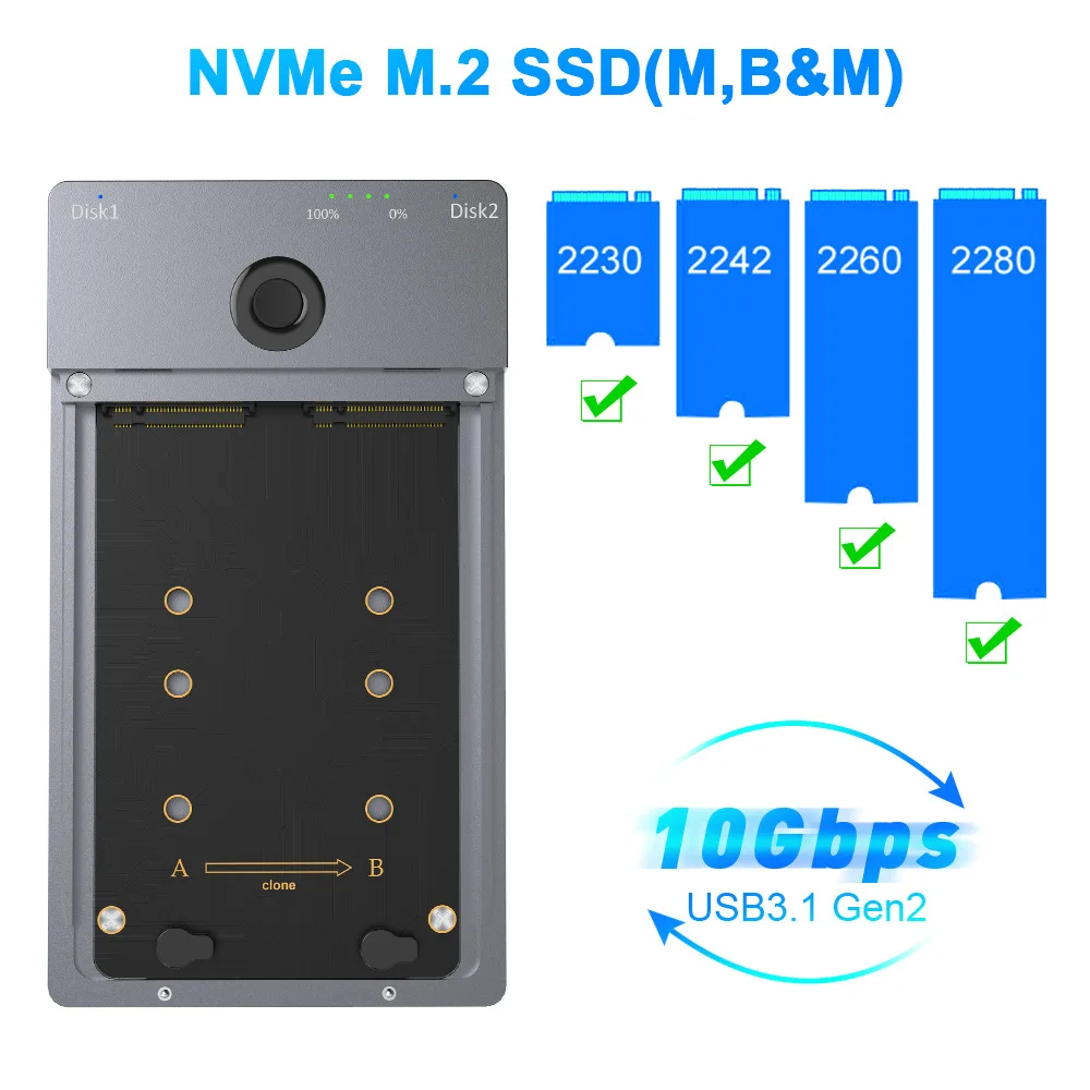 New Nvme HDD Enclosure M.2 , Dual HDD Enclosure Positions, Support Offline Copy Of Solid State Hard disk box USB3.1 GEN 2（10Gbps