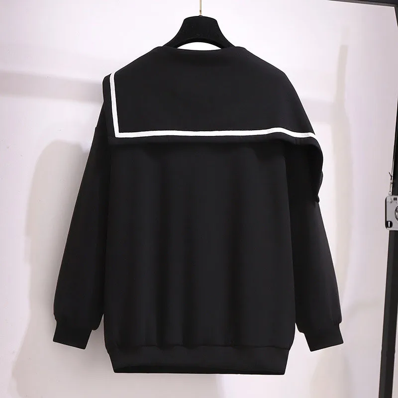 150Kg Plus Size Women's Winter Loose Fleece Striped Sailor Sweatshirts Bust 157cm 6XL 7XL 8XL 9XL 10XL Casual Long-Sleeved Tops