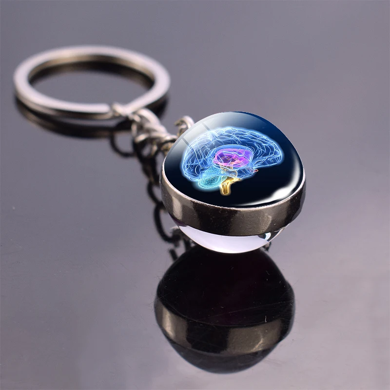 Human Head Skull Keychain Pendant Anatomy Science Brain Keychain Keyring Double Side Ball Key Chain Key Holder Doctor\'s Gift