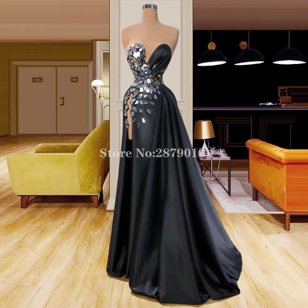 Black Elegant Evening Dress Sheath Full-Length Satin Beaded Stones Prom Dress Celebrity Dress Vestido de festa Formal 2020 Dubai