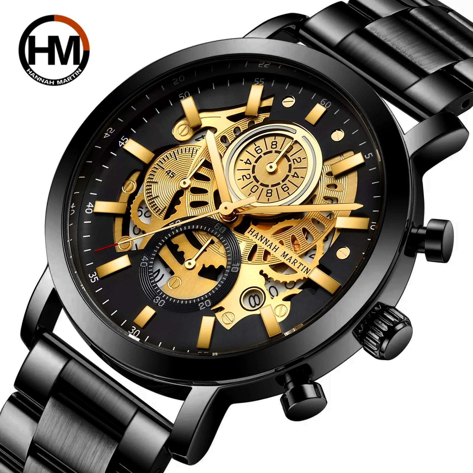 

HANNAH MARTIN Multifunction Calendar Chronograph Men's Watch Luxury Big Dial Stain Steel Band Sport Wrist 3ATM Waterproof Watch