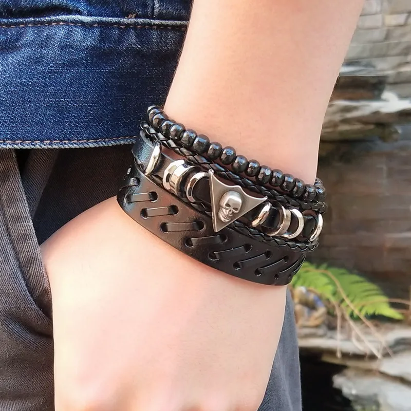 4/3Pcs/Set Fashion Mens Punk Leather Wrap Braided Wristband Cuff Bracelet Bangle Skull Head Leather Bracelet