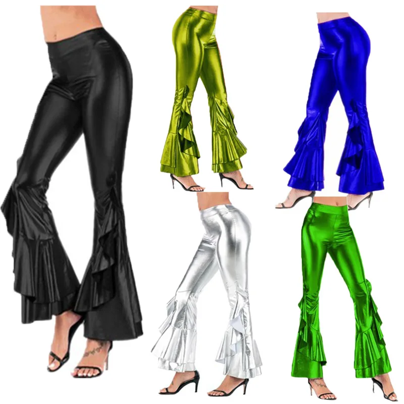 Sexy PU Leather Metallic Pants Shiny Holographic Flare Pants Women Girls Elastic Waist Bell Bottom Trousers Clubwear