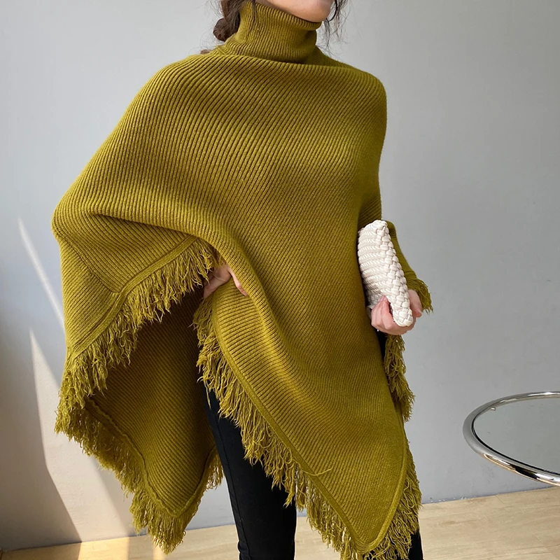 

Autumn Winter 2021Women's Korean Style Knitted Shawl Turtleneck Tassel Long Sleeve Pullover Female Clothing