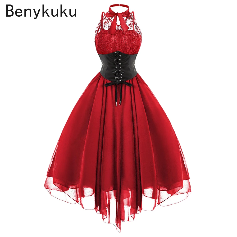 Sexy Steampunk Gothic Halter Backless Dress Punk Lace Up High Waist Women Clothes Victorian Ball Bown Vintage Rock Corset Dress