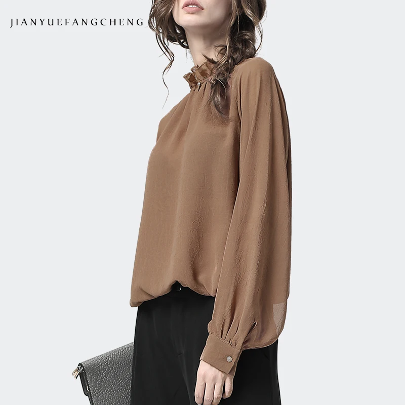 Casual Camel Color Women Chiffon Tops Loose Plus Size Long Sleeve Ruffles Collar Female Korean Blouses 4XL