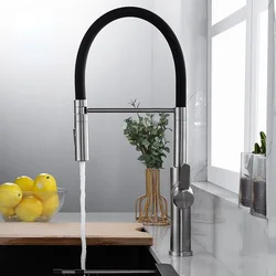 304Brushed Stainless Steel Universal Rotating Kitchen Faucet Black Hose Silicone Pull Hot and Cold Water Tank Faucet Sink Faucet