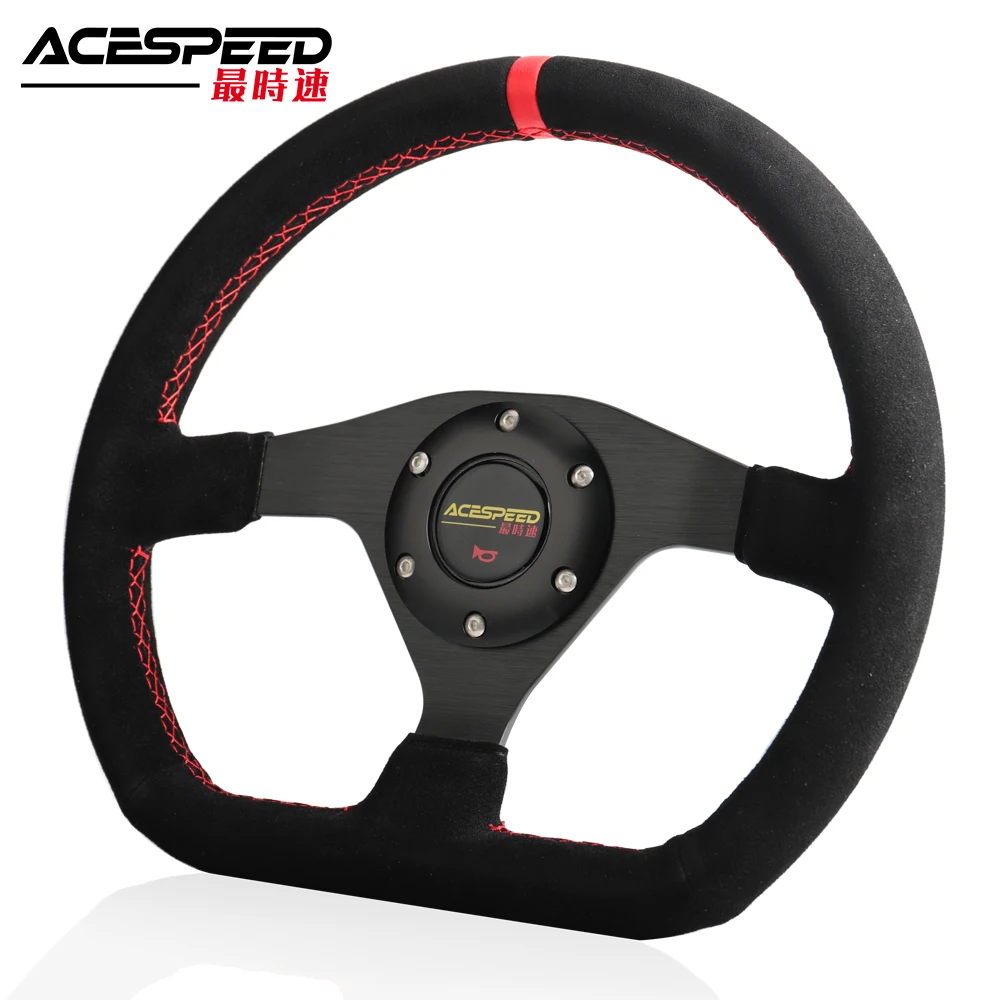 New 12.5inch 320mm Car Steering Wheel Racing Drift Genuine/Suede Leather Red Stitch Steering Wheel Flat Simulation Racing Game