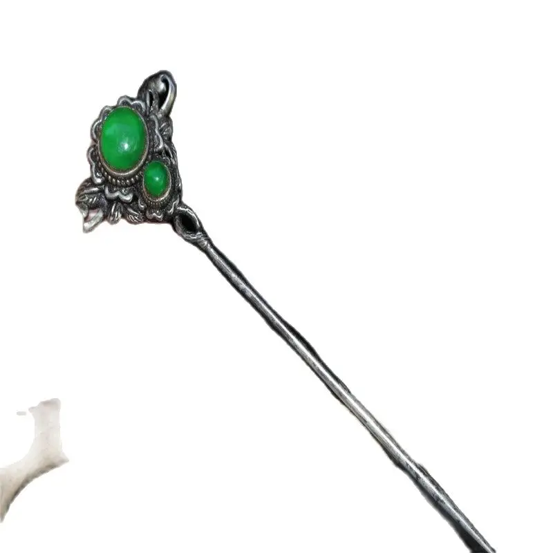 

China Old Tibetan Silver Inlaid Green Jade Hairpin