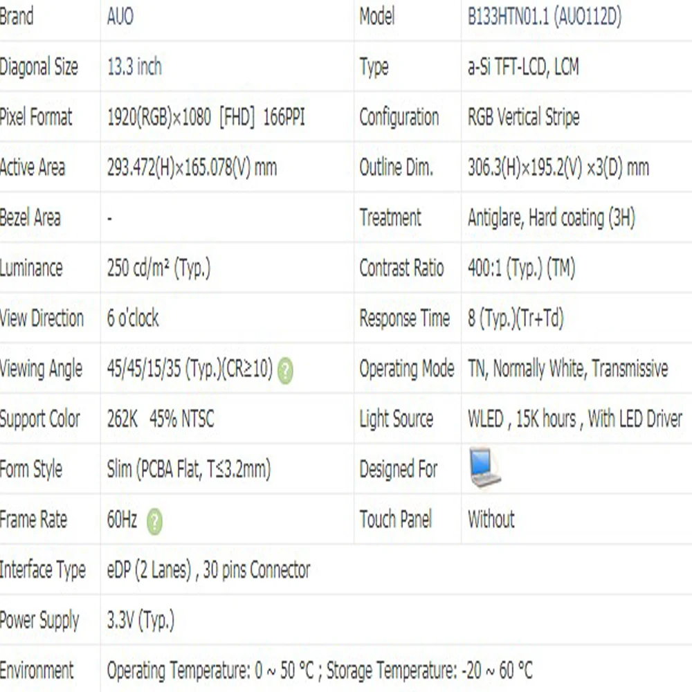 B133HTN01.1 13.3inch  LCD Display Matrix for Laptop 1920X1080 IPS FHD Matte 30Pin LED Screen Replacement
