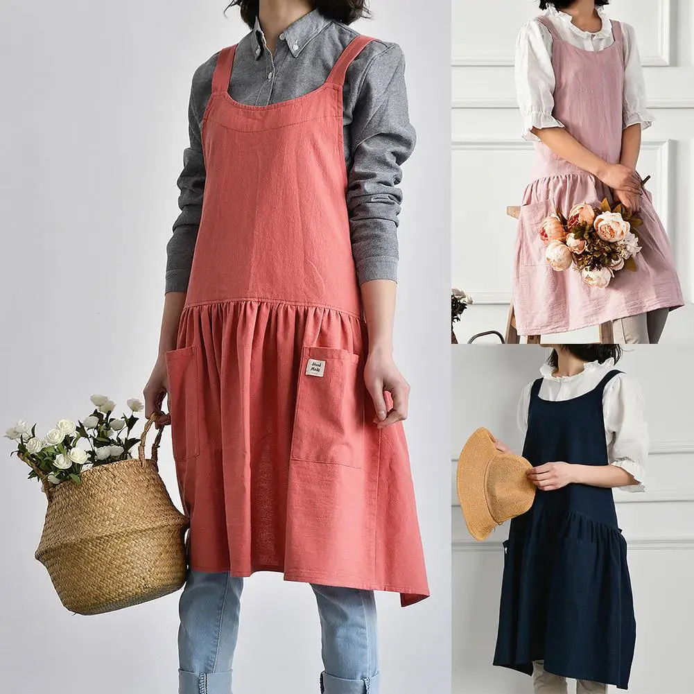 Japanese Style Aprons Cotton Linen Cross Back Sleeveless Aprons Women Men Painting Cooking Aprons with Pockets Household Aprons