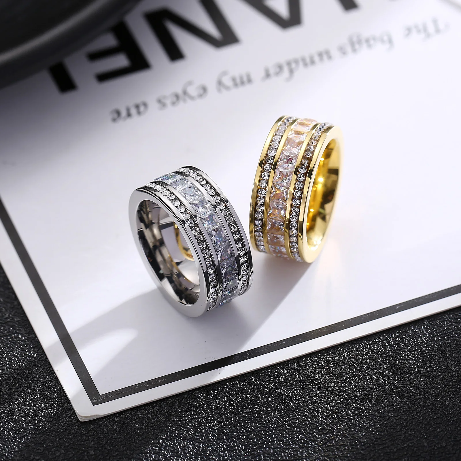 KALEN Luxury Zircon Ring Gold Color Double Row Square CZ Stainless Steel Ring For Women Romantic Engageme Wedding Party Jewelry
