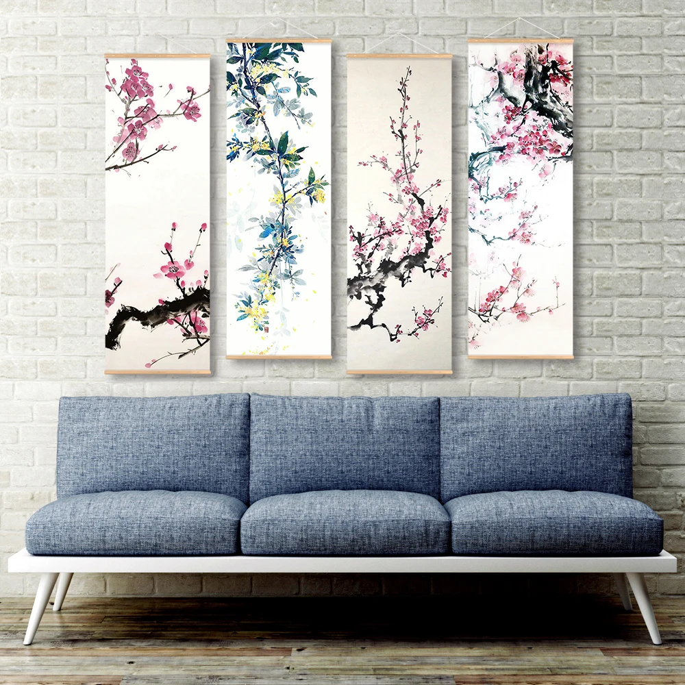 Chinese Plum Blossom Scroll Hanging Canvas Poster Vintage Flower Wall Picture Scroll Painting For Living Room Office Decor
