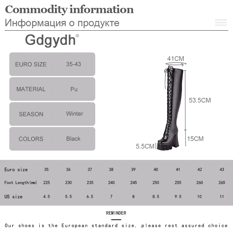 Gdgydh Front Lace Up Women Winter Boots Over The Knee Black Matter Leather Plus Size Lady Fashion Long Boots High Heels Platform