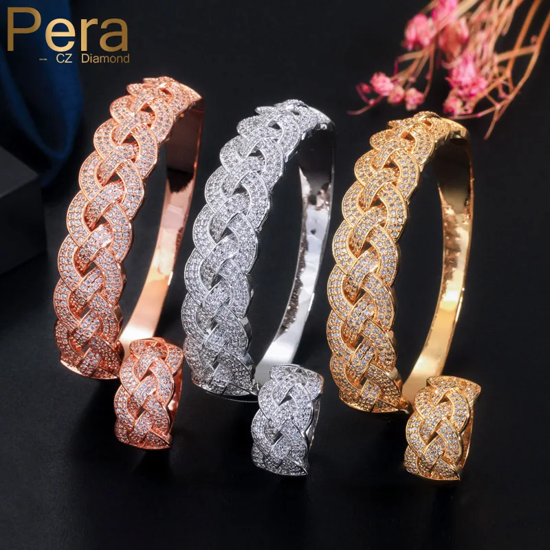 Pera CZ Циркон Женские ювелирные изделия золотого цвета Большой массивный широкий браслет Наборы колец для роскошных свадебных костюмов Z054