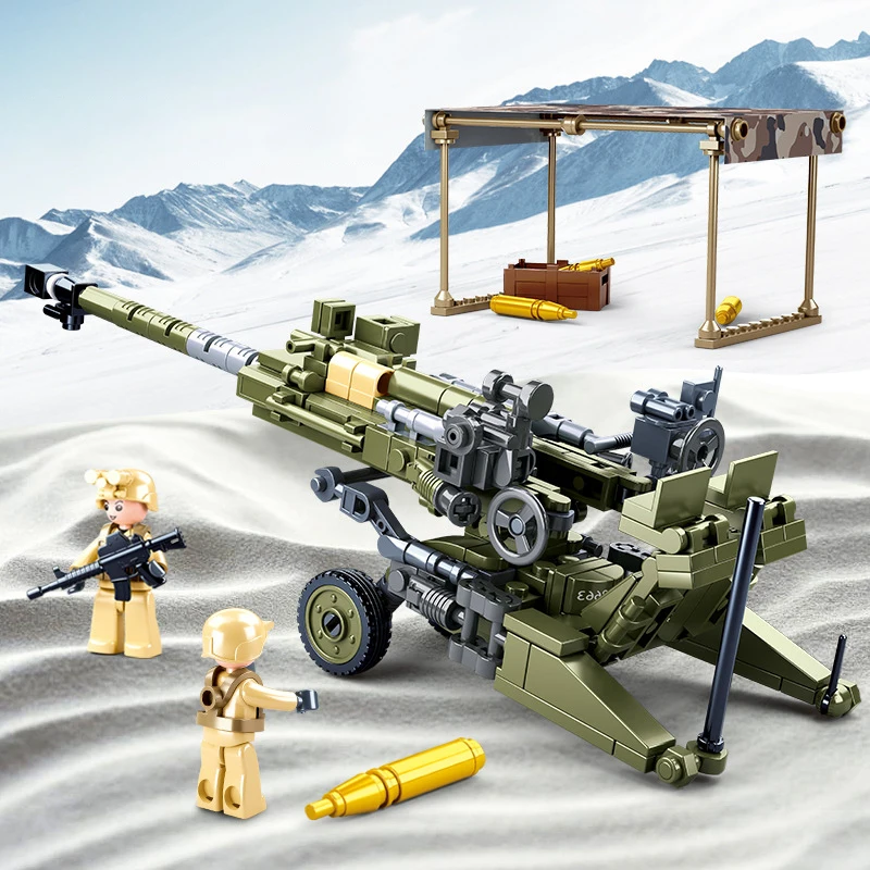 SLUBAN New World War II 2 Military UK M777 Gun Light Artillery Weapon Building Blocks Army Classic Accessories Model Kids Toys