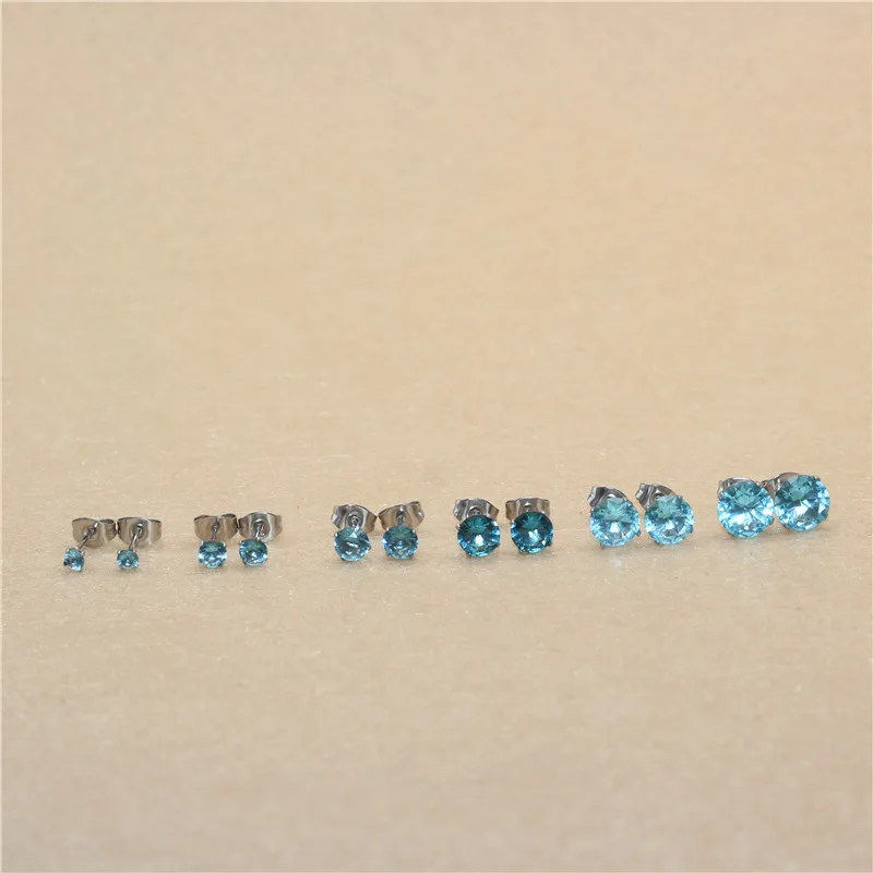 Size 3mm to 8mm 316L Stainless Steel Lake Blue Color Round Zircon Stud Earrings  No Fade Allergy Free Brief Jewelry