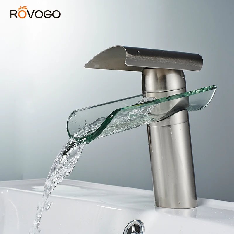 

ROVOGO Waterfall Basin Faucet Glass Spout, Deck Mount Cold Hot Mixer Sink Taps Brass Brushed nickel