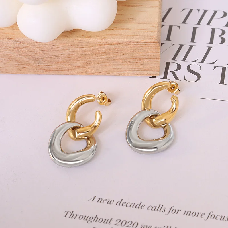 Dual Use Gold Plated Stainless Steel Geometric Shaped Stud Drop Eearring For Women Double Ring Removable Earrings Jewelry