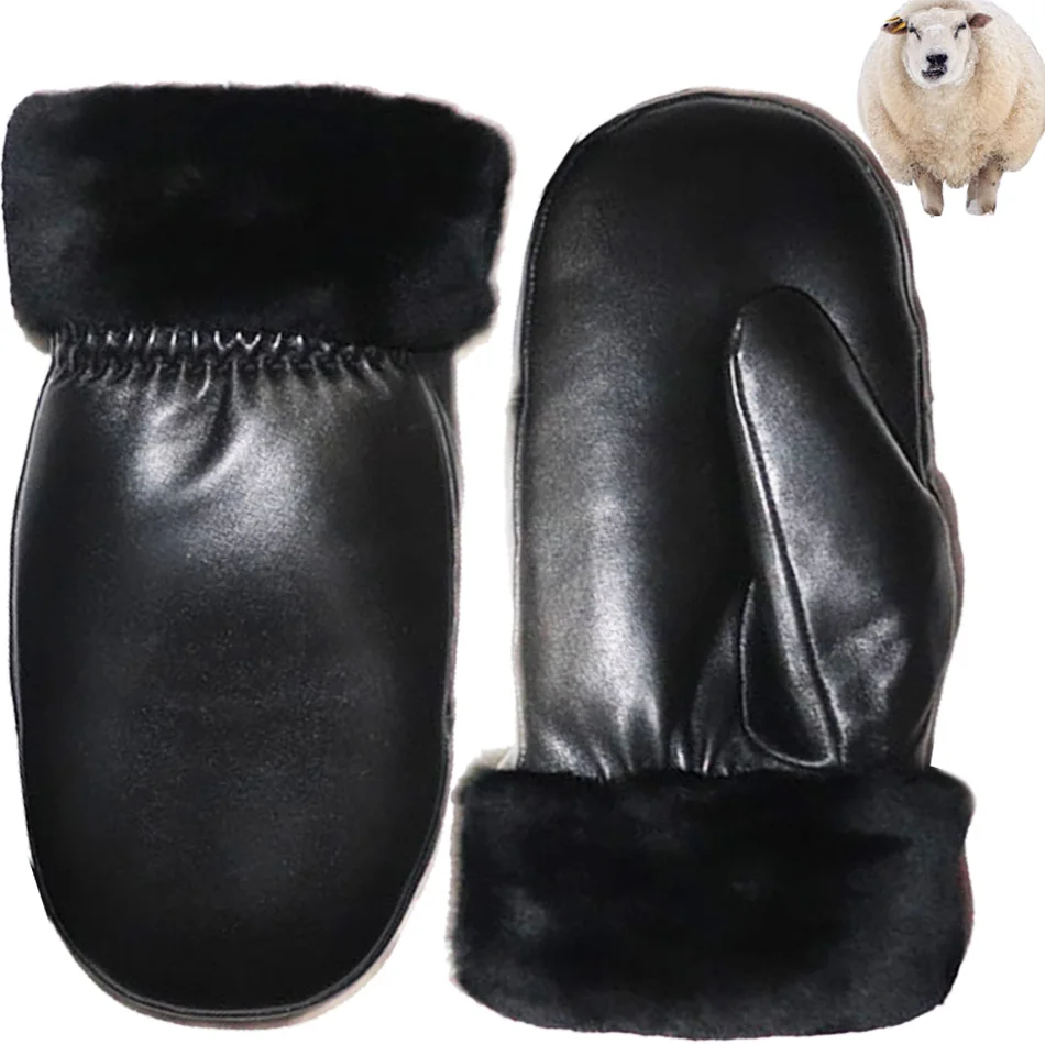 Sheepskin Gloves Men and Women Leather Mittens Winter Windproof Cold Outdoor Warm Sheepskin Wool Gloves Thickened Fur Integrated