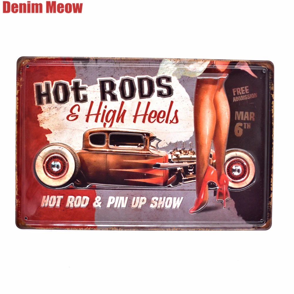 HOD RODS Vintage Embossed Metal s Home Bar Garage Pub Decorative Plates High Heels Wall Stickers Retro Art Poster AT004