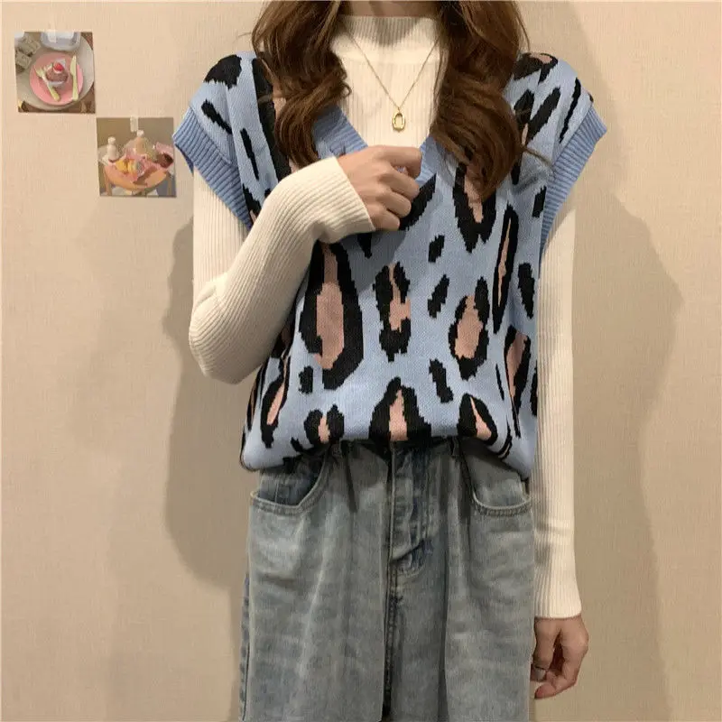 Woman Sweaters Pull Hiver V-neck Top Women\'s Leopard Print Knitted Vest Sleeveless Femme Chandails