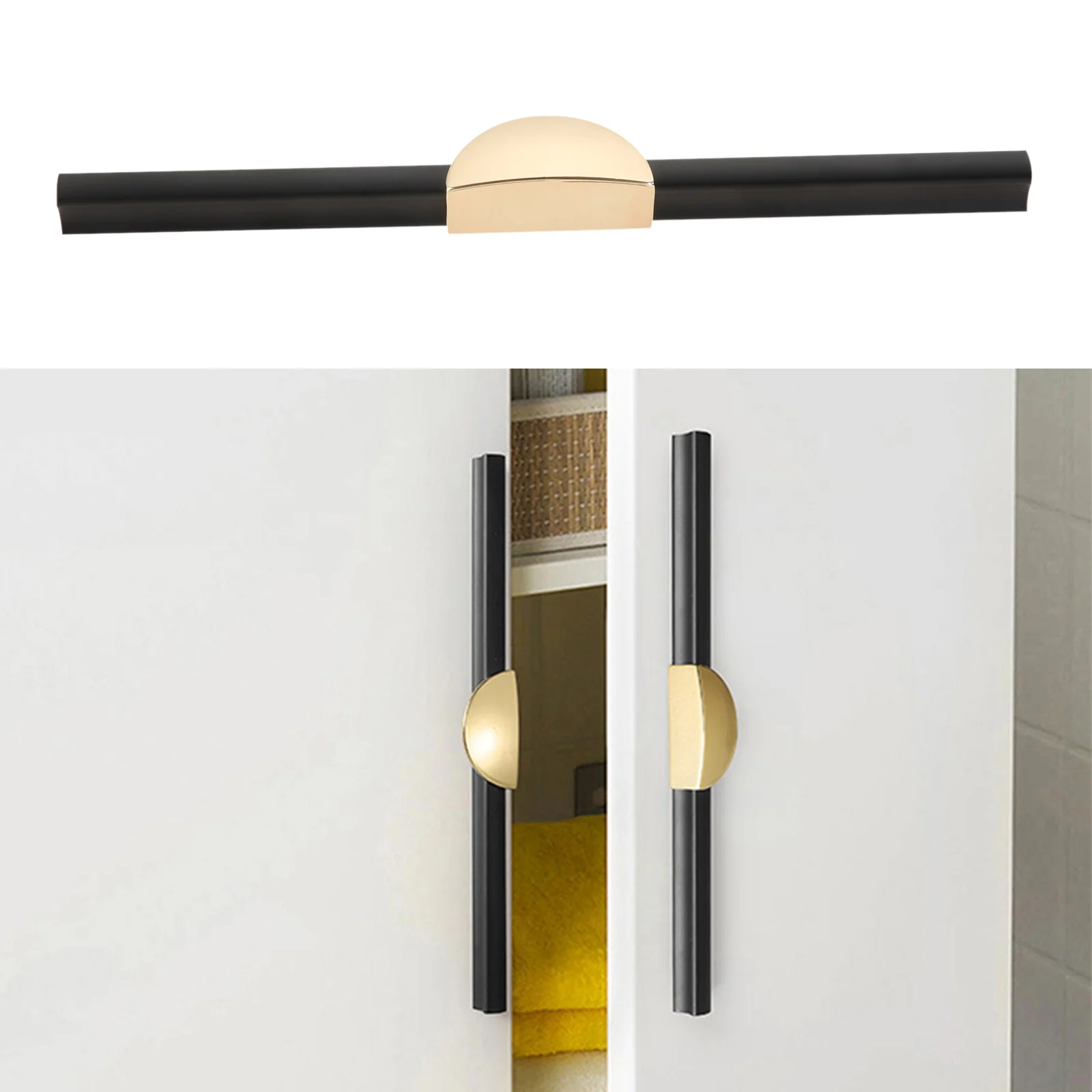 

1Pc 192/320mm Modern Minimalist Furniture Pull Handle Black Long Strip Handle with Golden Leaf Decor Pull Knob