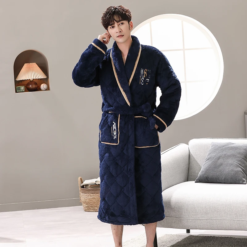 Winter Bath Robe Coral Fleece Men Bathroom Robe Men Bathrobe Men Flannel Quilted Pajama Thick Long Spa Robe Shower Homewear