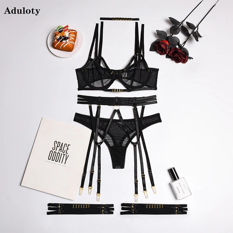 

Aduloty Fashion New See-Through Thin Women's Sexy Lingerie Underwire Gather Bra Garter Belt Erotic Suit Underwear Thong Set