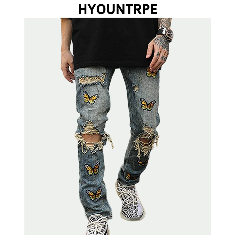 High street Butterfly Embroidery Knee Ripped Hole Jeans Mens casual Hip Hop Distressed Jeans Slim Fit Skinny Denim Pants Joggers