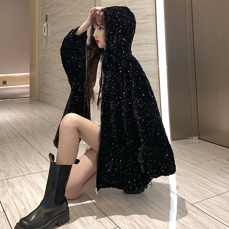 Outerwear Sequins Fashion Hooded Women Cotton Jacket 2024 Winter New Large Size Thick Loose Korean Women\'s Cotton Jacket JK244