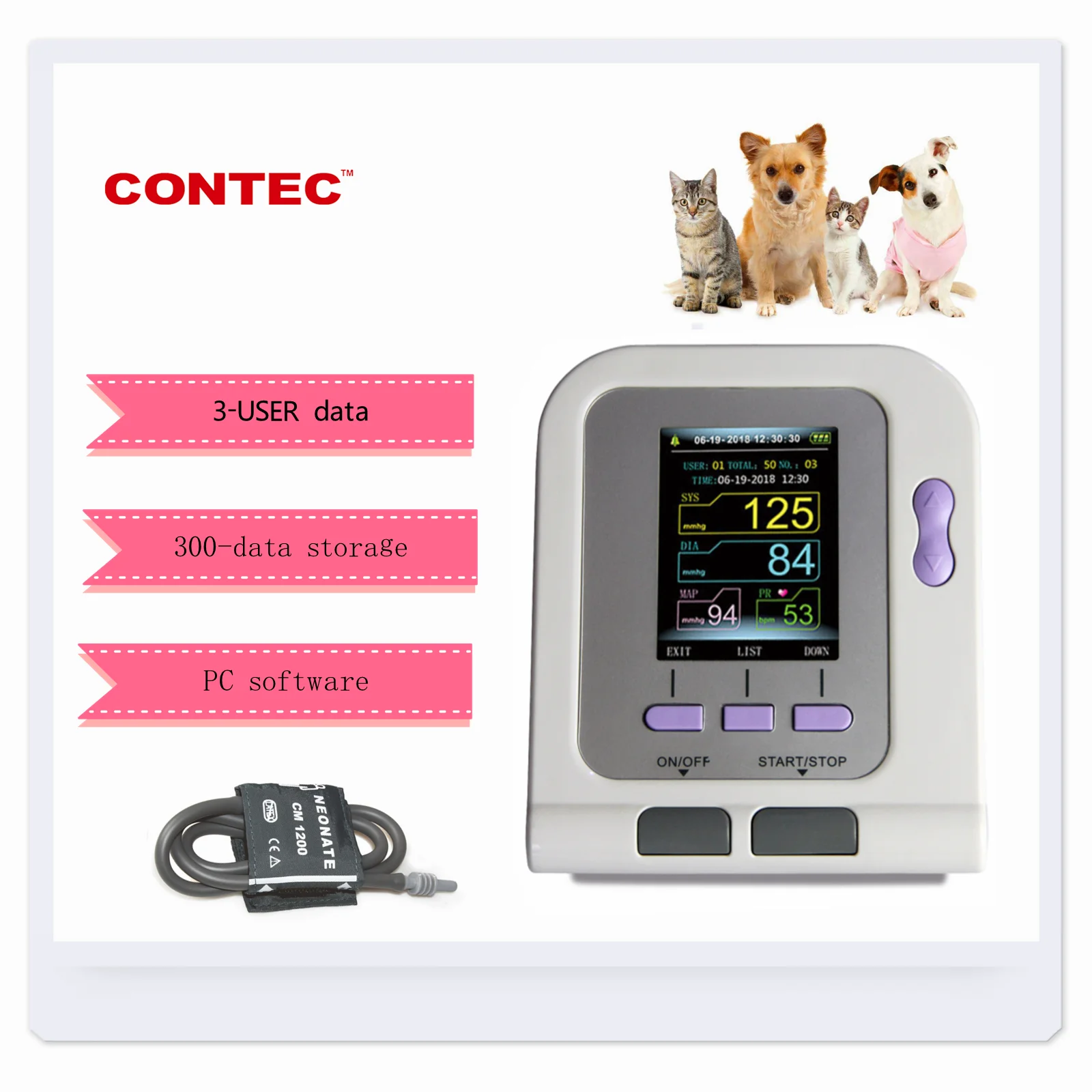 CONTEC08A-VET Digital Veterinary Blood Pressure Monitor NIBP Cuff,Dog/Cat/Pets with Neonatal Cuff