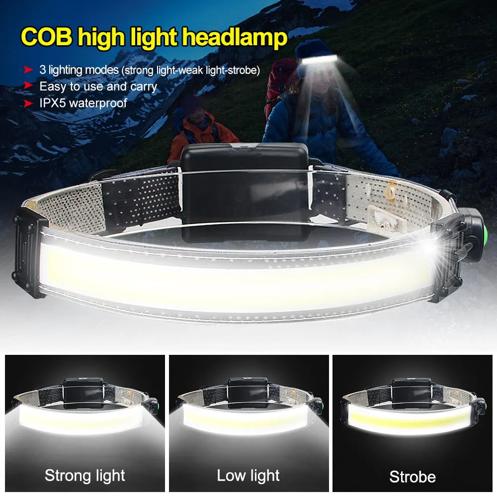 

10W LED Headlight Strip Headlamp Waterproof Outdoor Head Torch 3*AA Battery COB Headlamp Camping Hunting Lightweight Flashlight