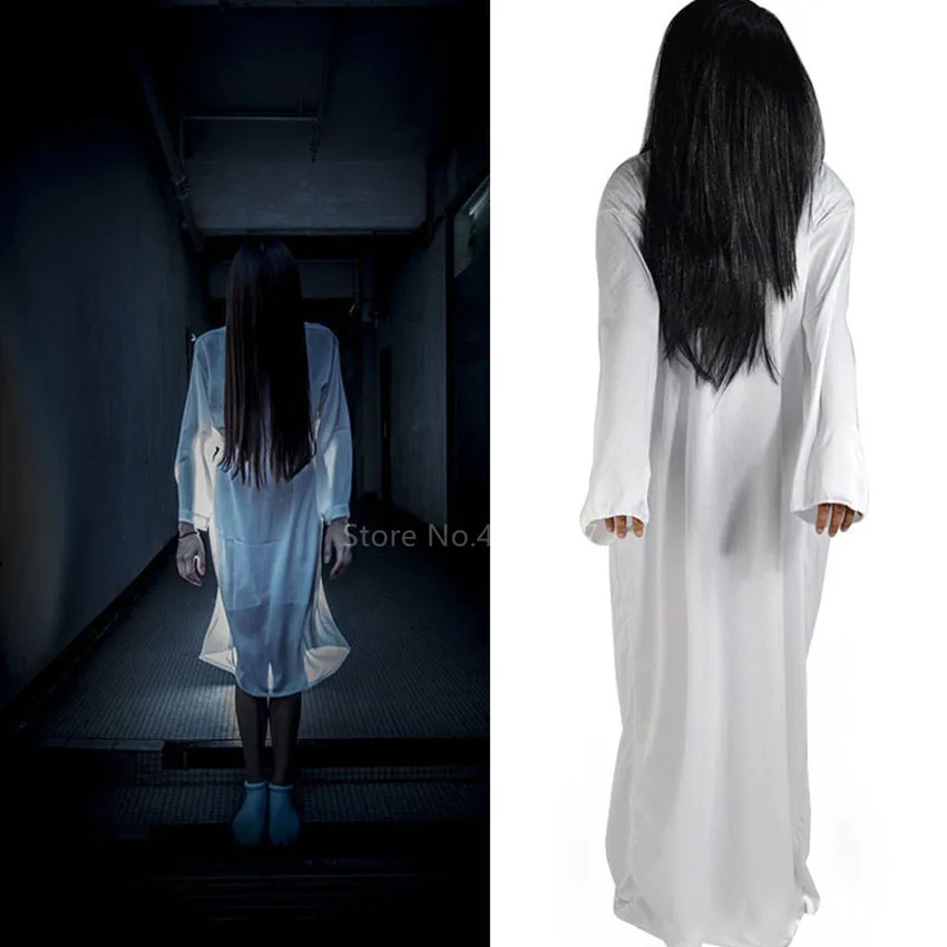 Adult Halloween Women Cosplay Costume Scary Horror Ghost Yamamura Sadako Ault Carnival Party Zombie Witch Wig Dress Cross Set